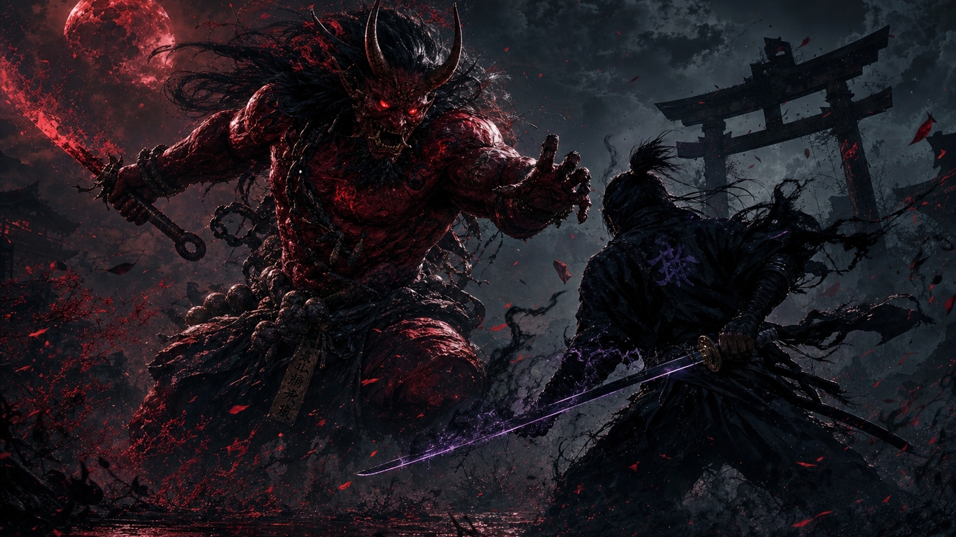 Give me a very cool wallpaper of an Oni demon fighting a shadow samurai