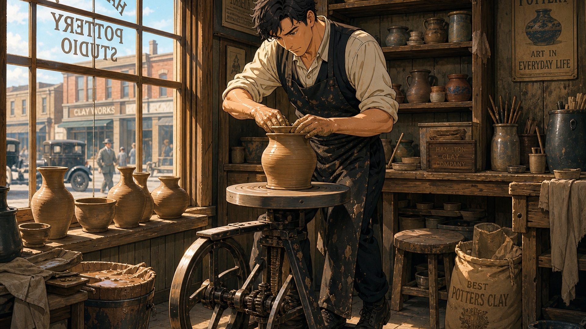 1930's potter throwing pots on old style stand up treadle potter's wheel