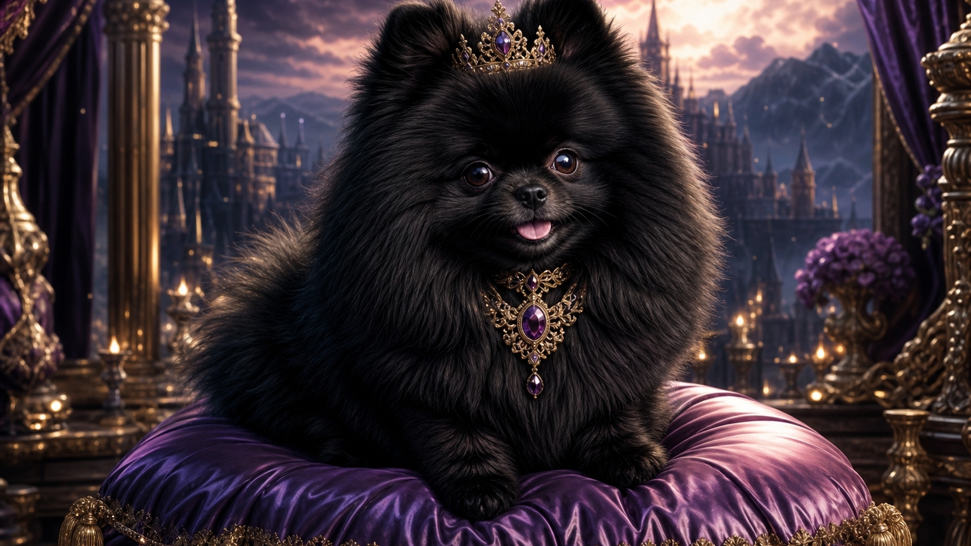 Cute black Pomeranian dog sitting on a silk pillow