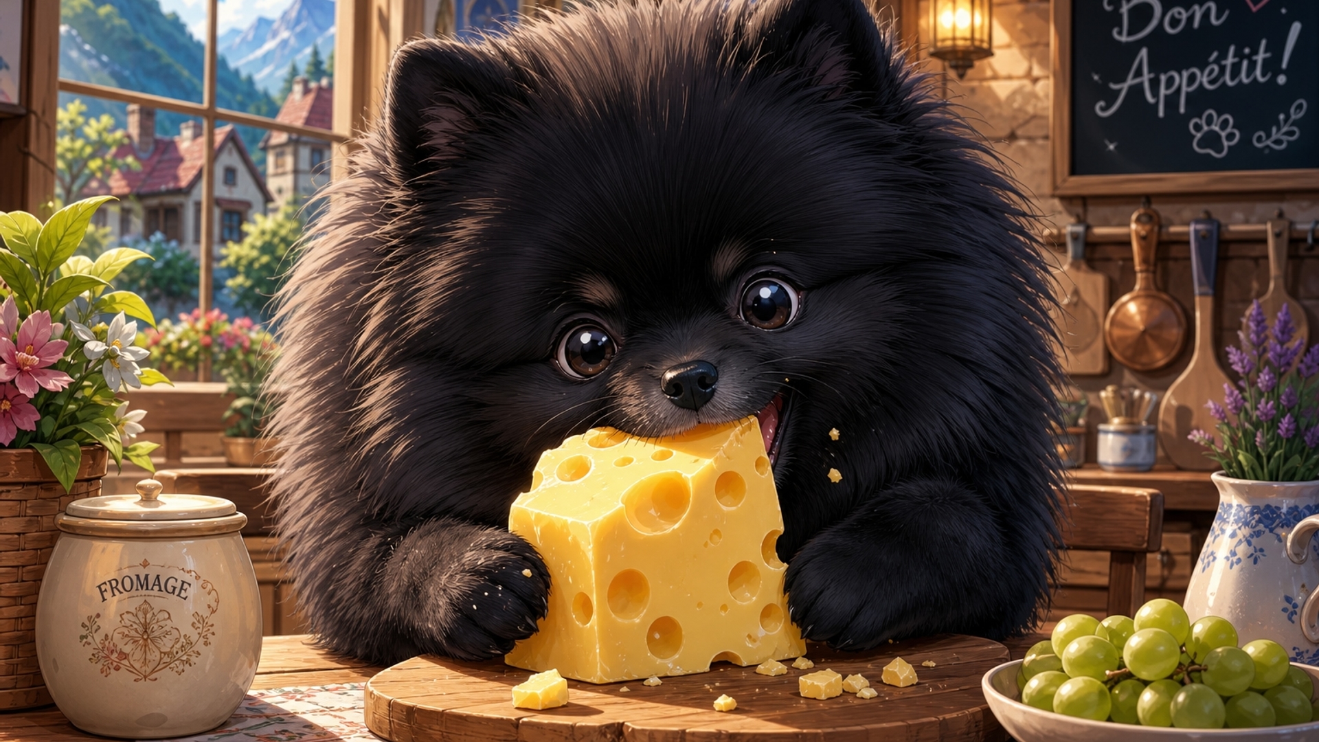 Cute black Pomeranian dog eating a block of cheese
