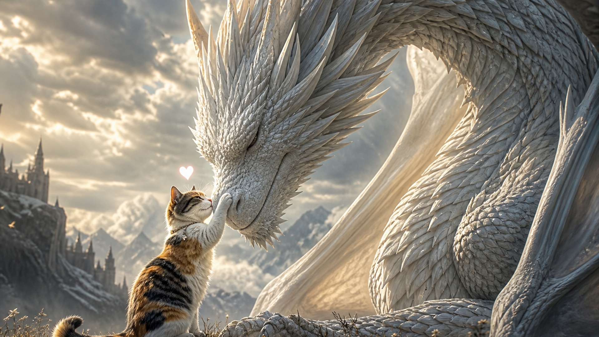 A white dragon with a small calico cat in love