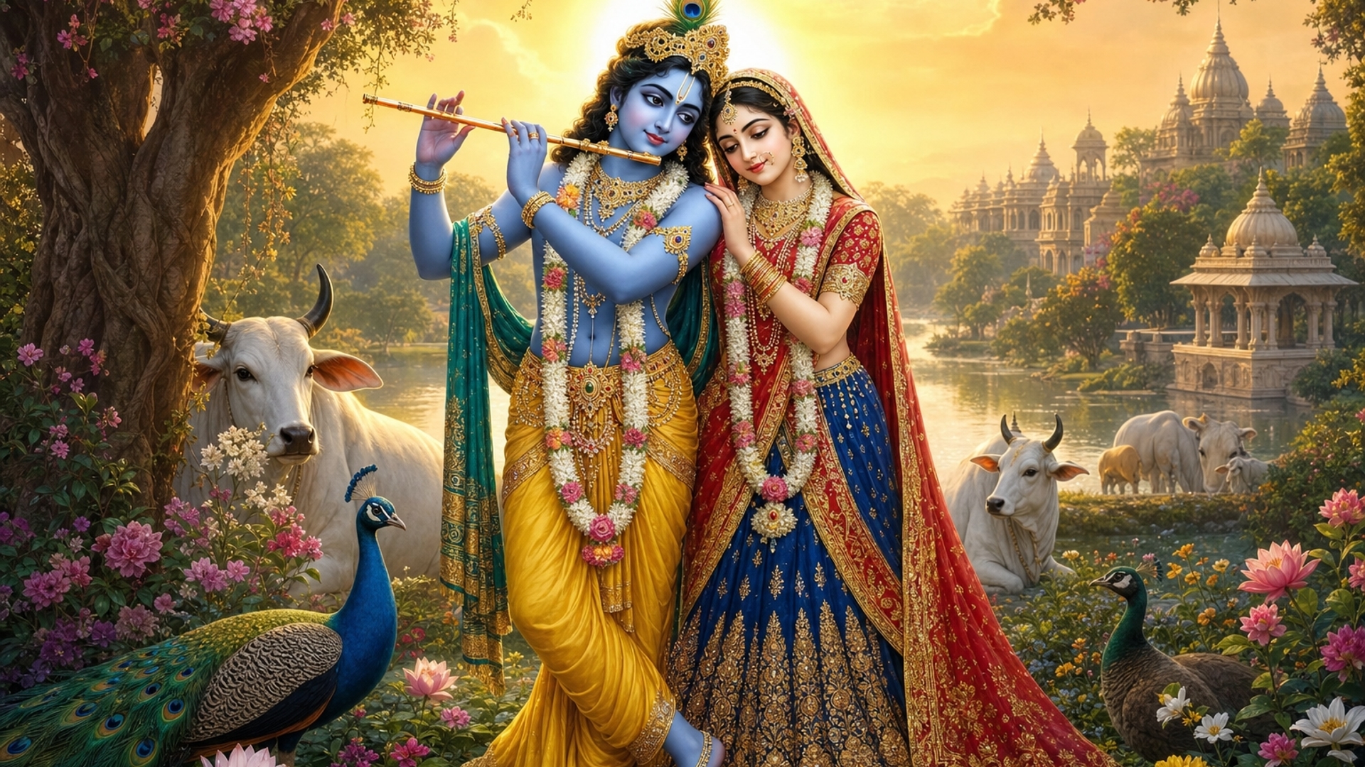 “A divine ISKCON-style devotional artwork of Lord Krishna (Mohan) and Srimati Radharani standing together in Vrindavan. Krishna, with a dark blue complexion, plays the flute and wears a peacock feather crown, yellow dhoti, and flower garlands. Radha, fair and graceful, leans toward Krishna wearing a red and blue sari with golden embroidery and ornate jewelry. They stand amid blooming flowers, cows, and peacocks, with a temple and river in the background under a radiant golden aura.”