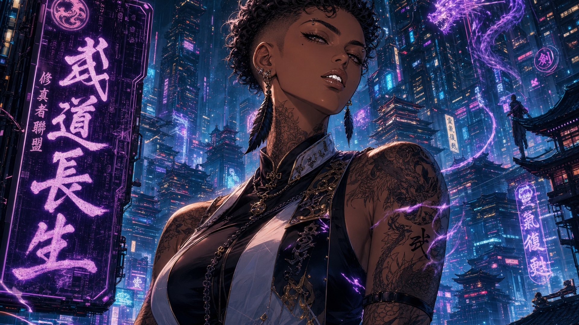 Cyberpunk cultivation world where the protagonist is a 6 ft masculine presenting female. Who has a curly fade and a white gold upper fanged grill wearing a cyberpunk cultivation asthetic with upper left eyebrow pierced and two earings in each ear one of which is black dangling feather.on the neck and arms are tattoos