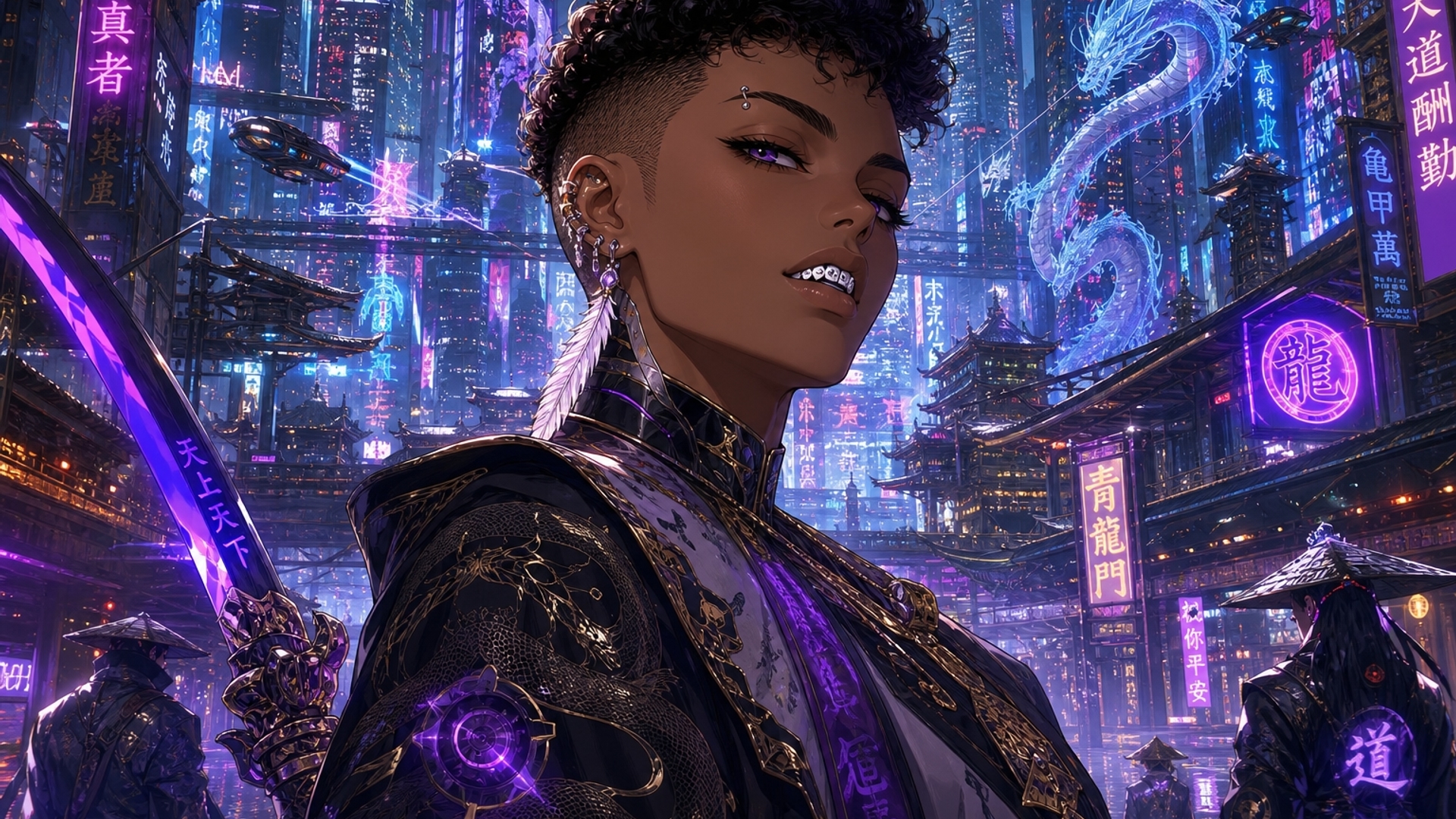Cyberpunk cultivation world where the protagonist is amasculine presenting female, who is 6 feet tall with a curly top fade and a white gold upper fanged grill. Upper left eye piercing with two earrings in each ear with one being a dangling feather earring.