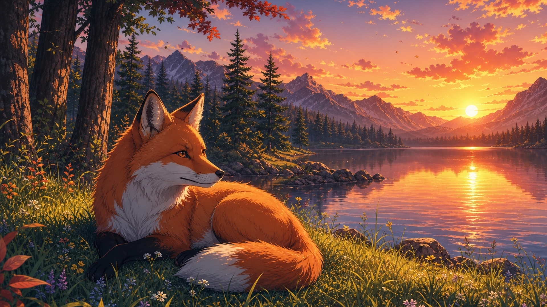 A fox laying on some grass next to a lake in a forest at sunset