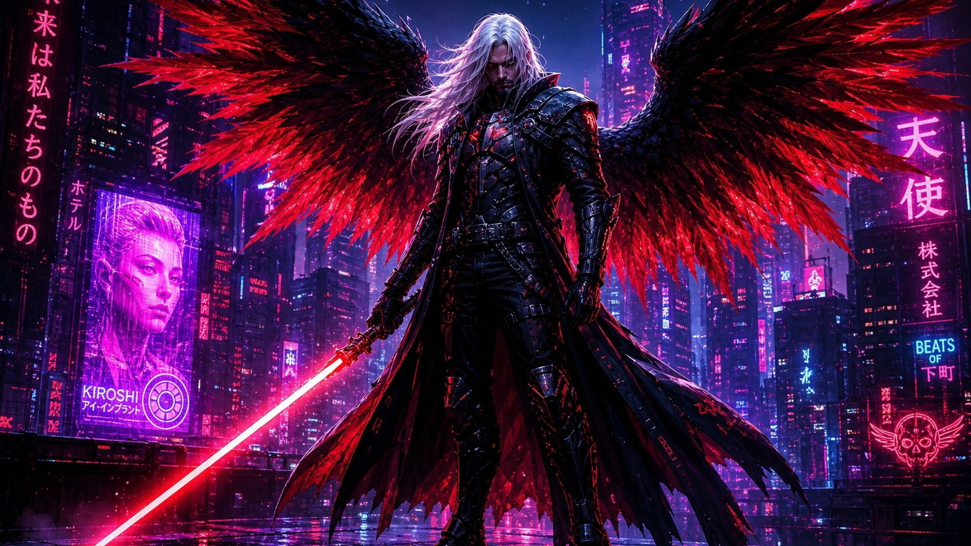 man wearing black armor, long white hair, huge black and red angel wings, holding a red bladed lightsaber in his right hand
