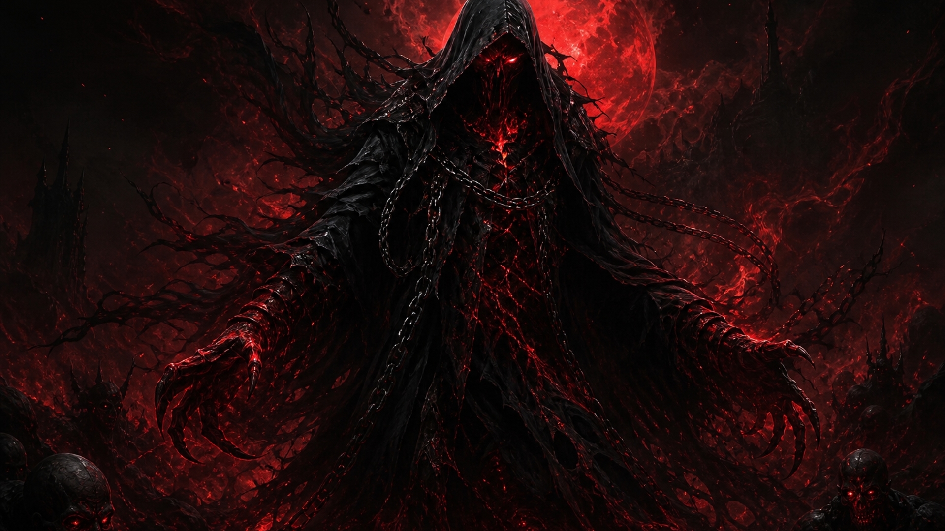 A black and red wallpaper with a realistic black and red spooky figure