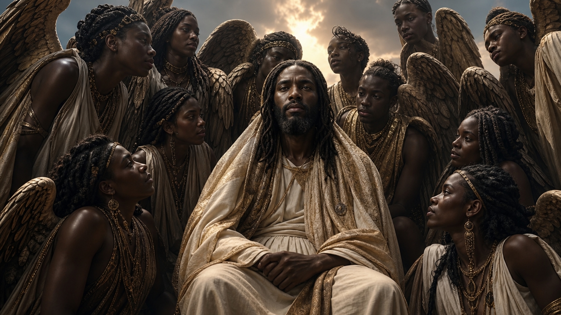 Black Jesus surrounded by black angels