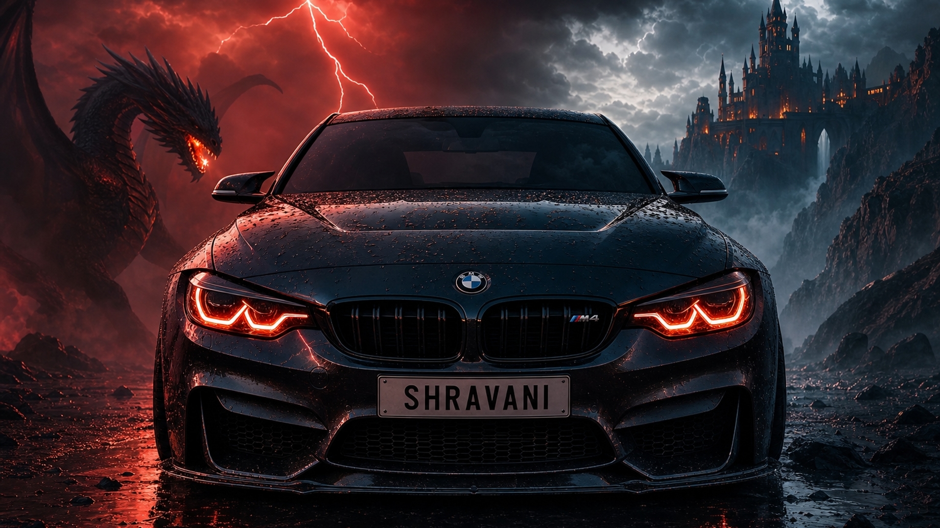 BMW M4 WITH KILLER EYES WITH NUMBER PLATE OF SHRAVANI 