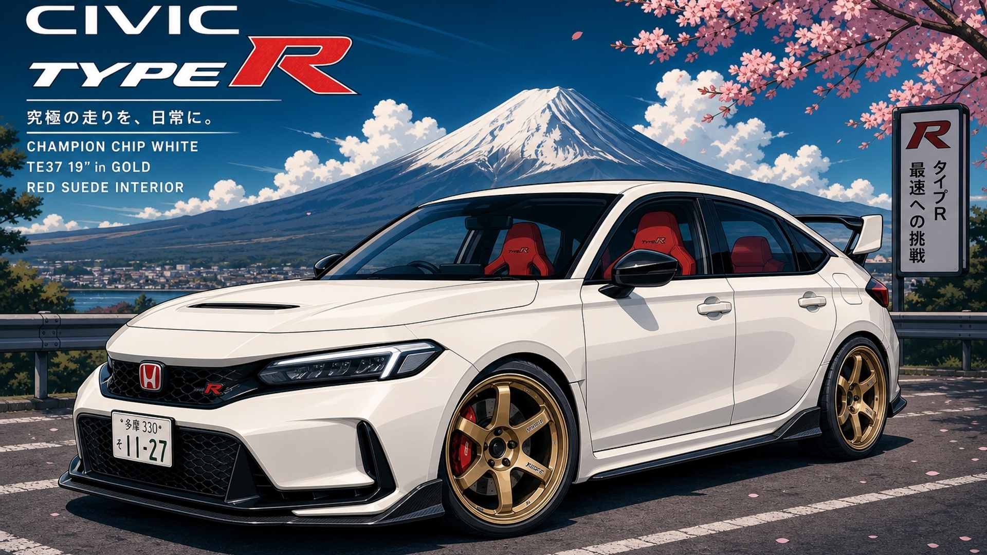 2026 Honda Civic Type R with TE37 19 inch wheels in gold and the color of the car in champion chip white and red interior in suede with a cartoon almost anime look for a wallpaper