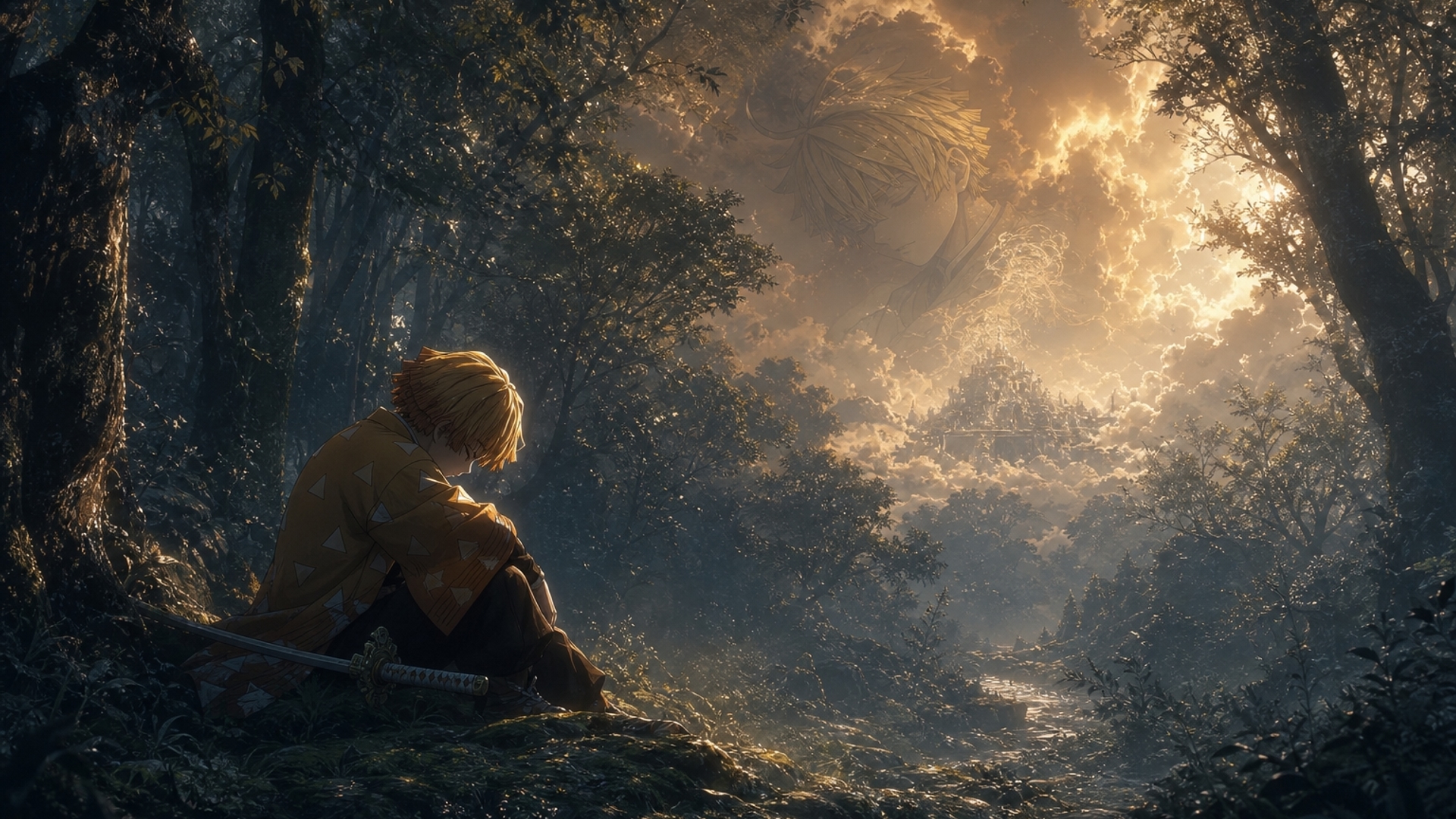 zenitsu in the forsest think sadly in the big dream in alone