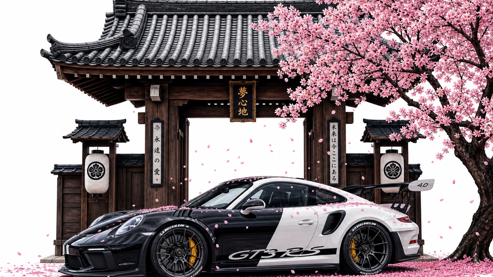 a clean white background with a centered japanese gate enterance with a black and white porsche 911 gt3 rs facing the left side with a pink cherry blossom on the right hand side with blossoms falling onto the porsche