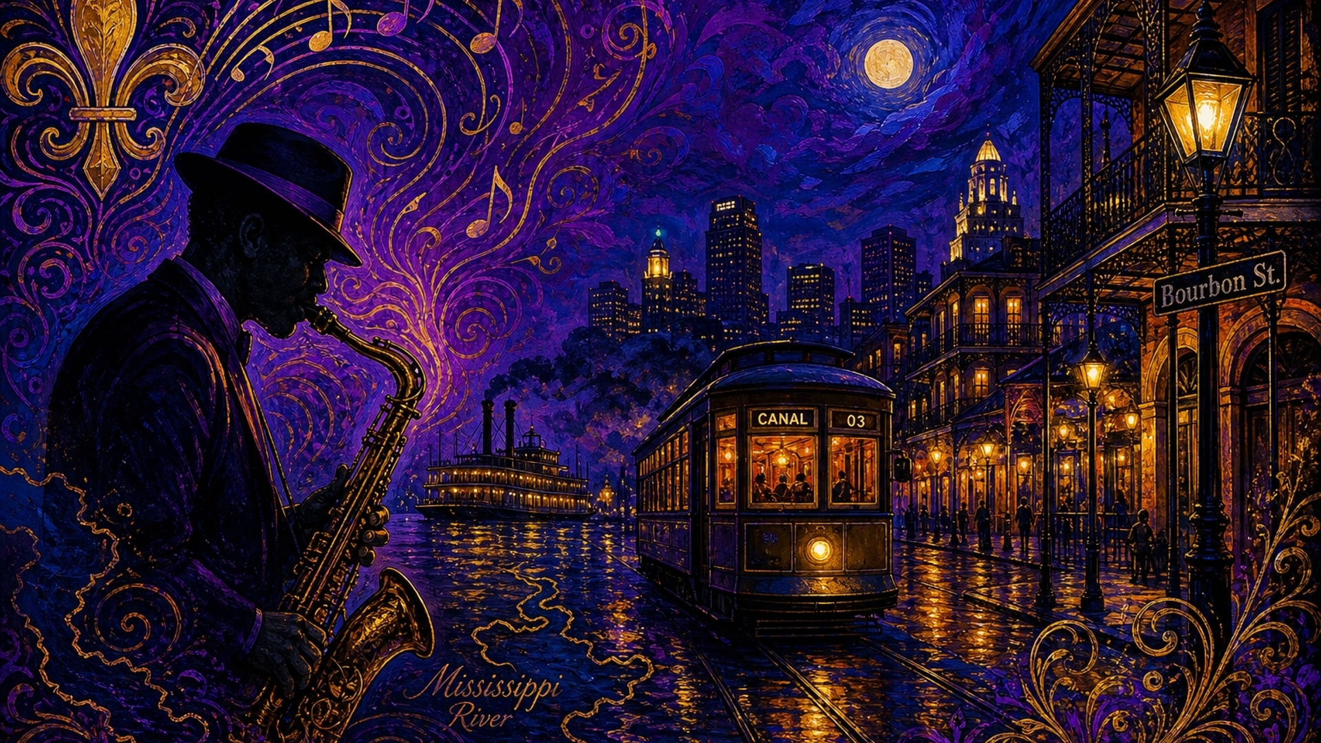 A vibrant jazz infused backdrop, like a swirl of deep purple, gold, and midnight blue, like nighttime street in the French Quarter. A silhouette of a saxophonist or streetcar drifting in the midst. A bit of gold fleur de lis subtle outline of the Mississippi river