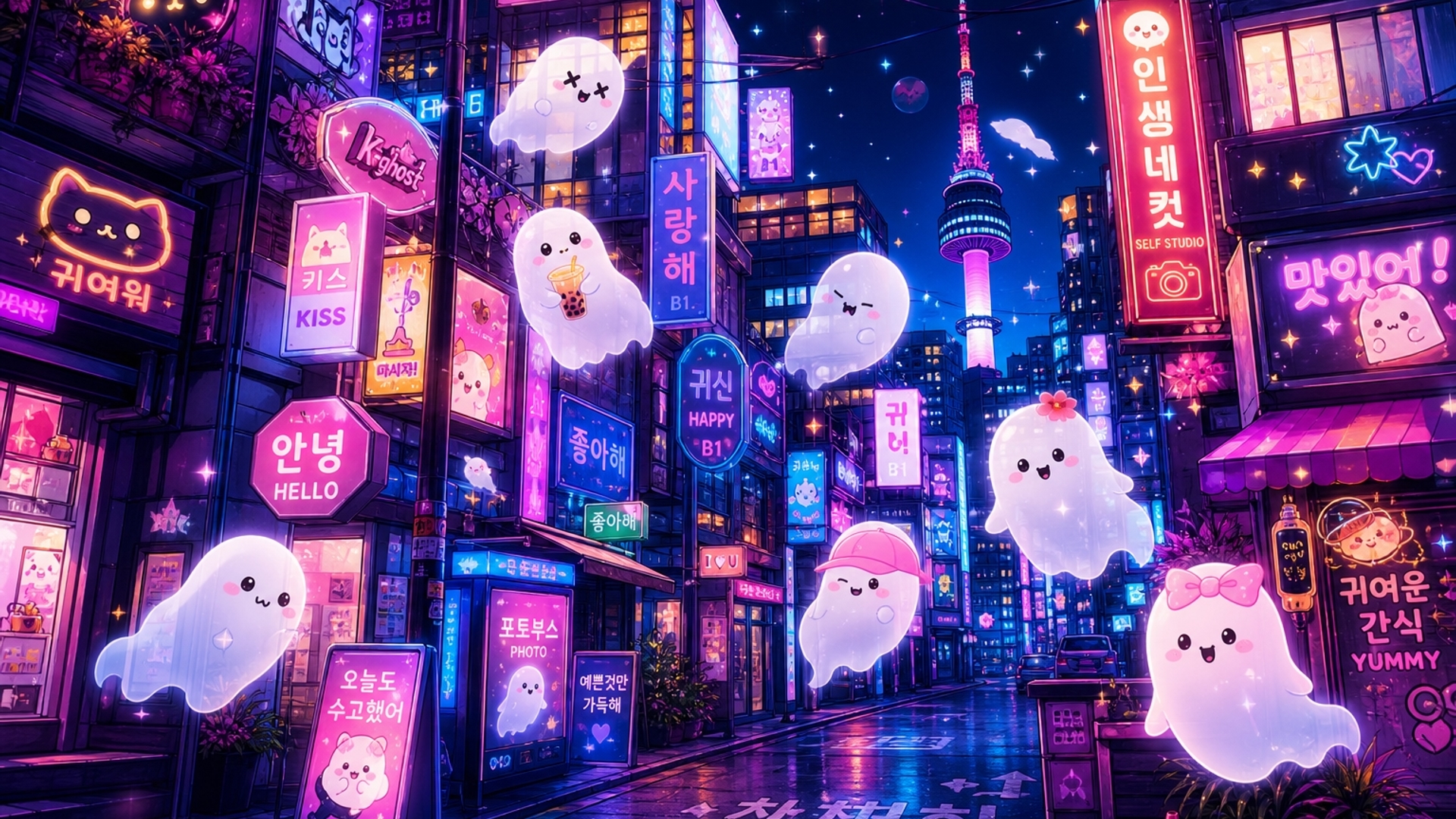 Kawaii ghosts happily. Floating around aesthetically beautiful neon korean street/city