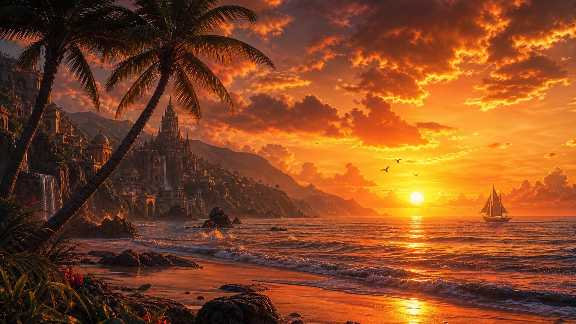 Palm trees beack ocean sunset