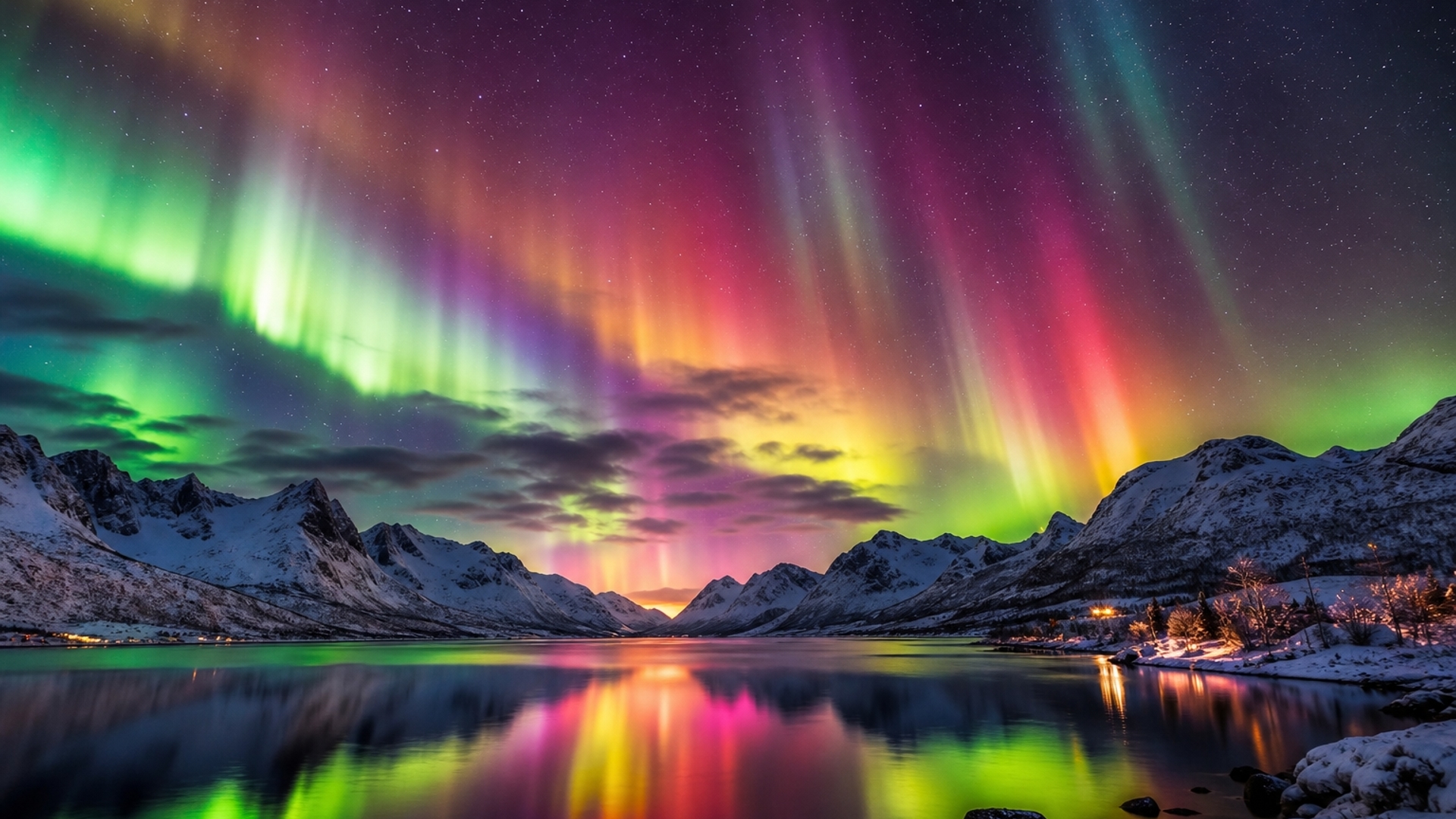 All colors of the Aurora Borealis, over snowy scenic view, with a lake, with the colors of the aurora borealis reflecting off the lake.