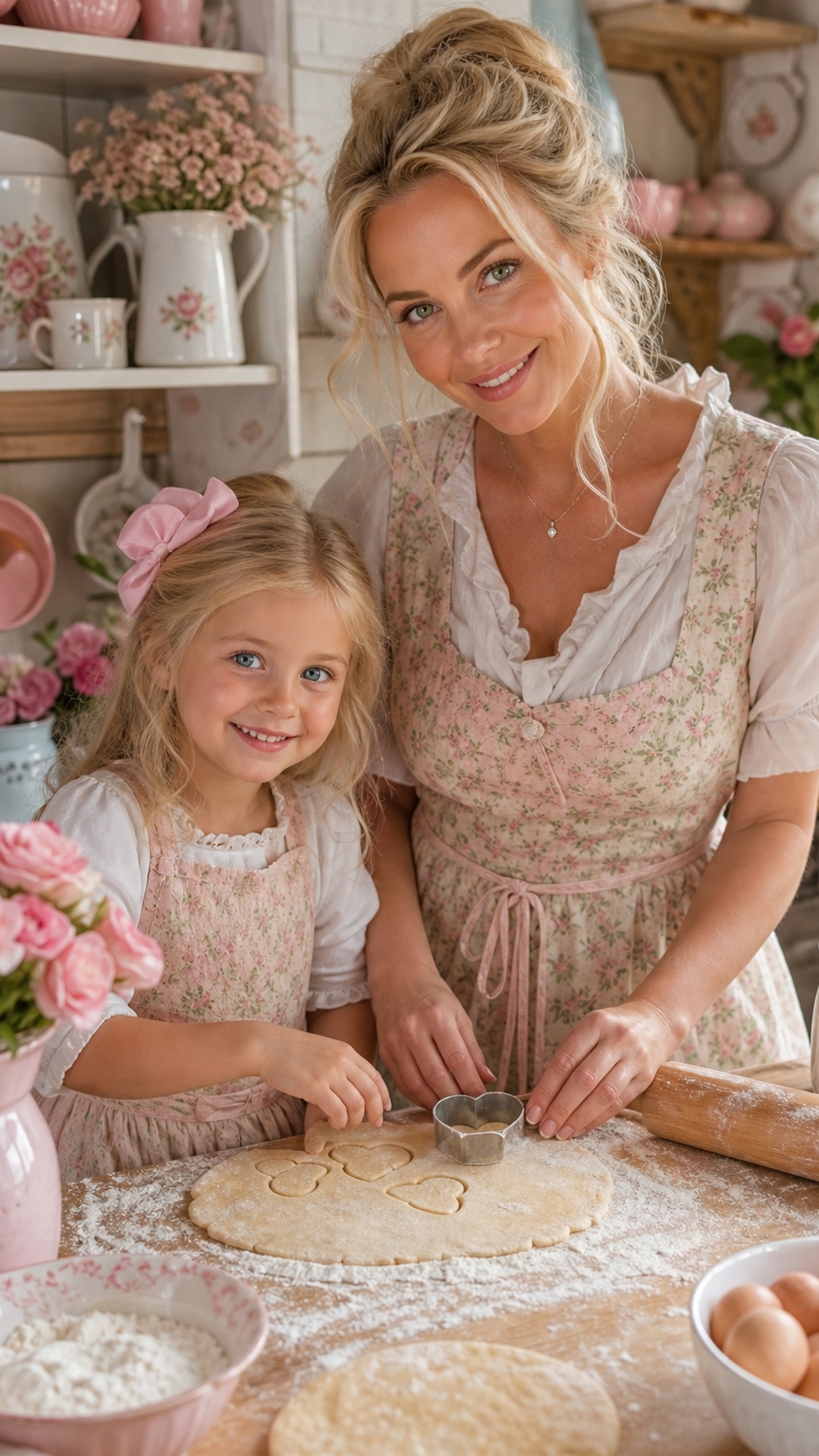 generate a picture in pastel colors, with a little girl - blue-eyed, blonde and her blonde-haired, green-eyed mother, who really likes to cook together, in a cartoonish, sweet, romantic, slightly rustic-village style