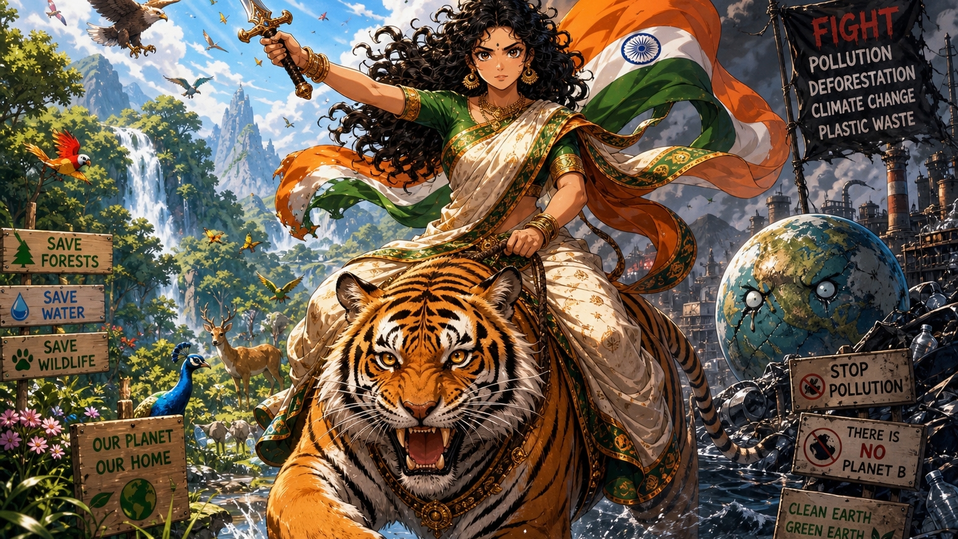 generate a wallpaper where a curly hair Indian girl wearing saree ready to fight ecosystem problems by riding a Bengal tiger and a sword in her hand