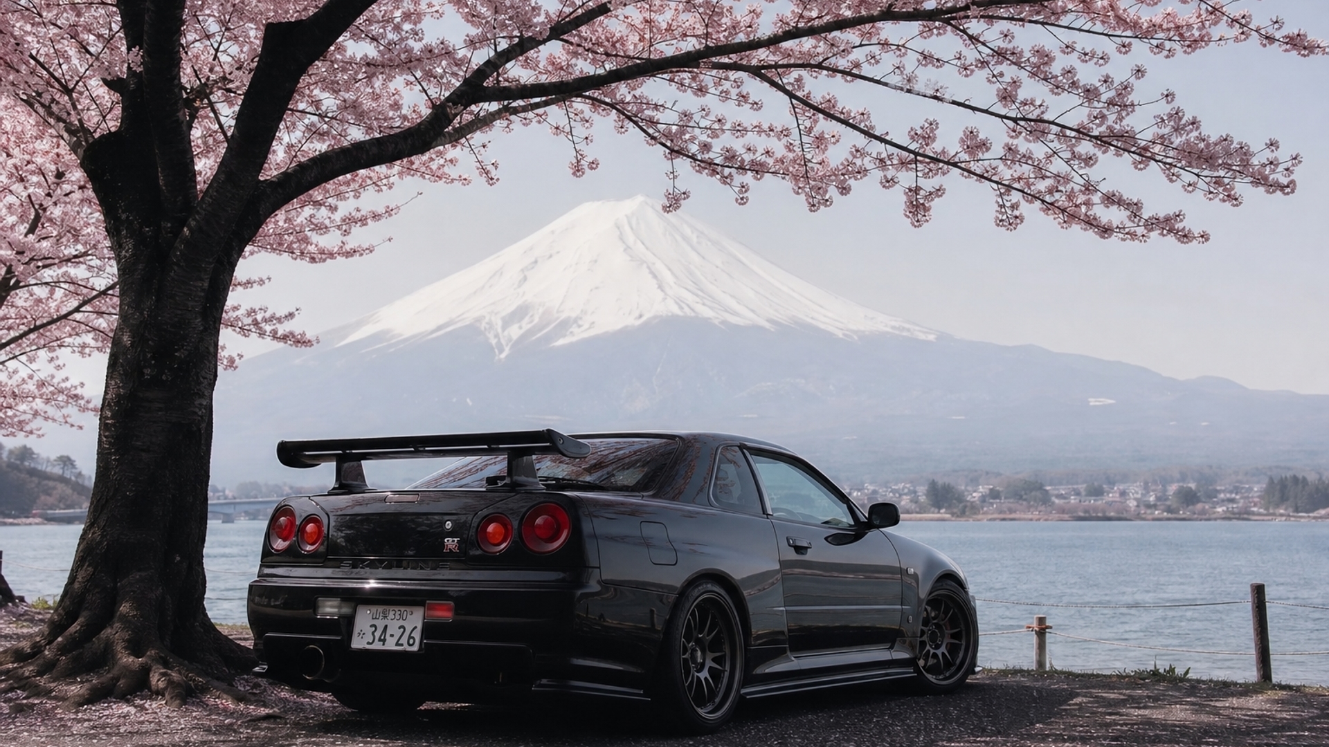 make a skyline gtr r34 beneath a cherry tree make the car black and make back of the image white mountains and make the tree black and pink