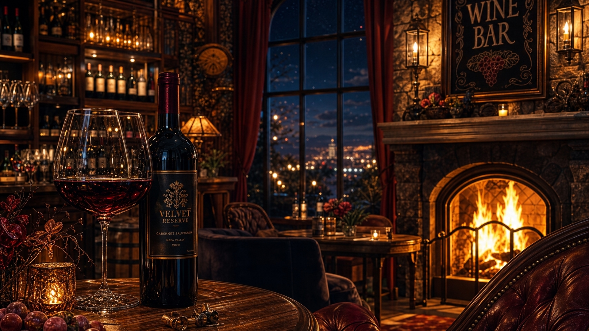 wine bar, red wine, fire place