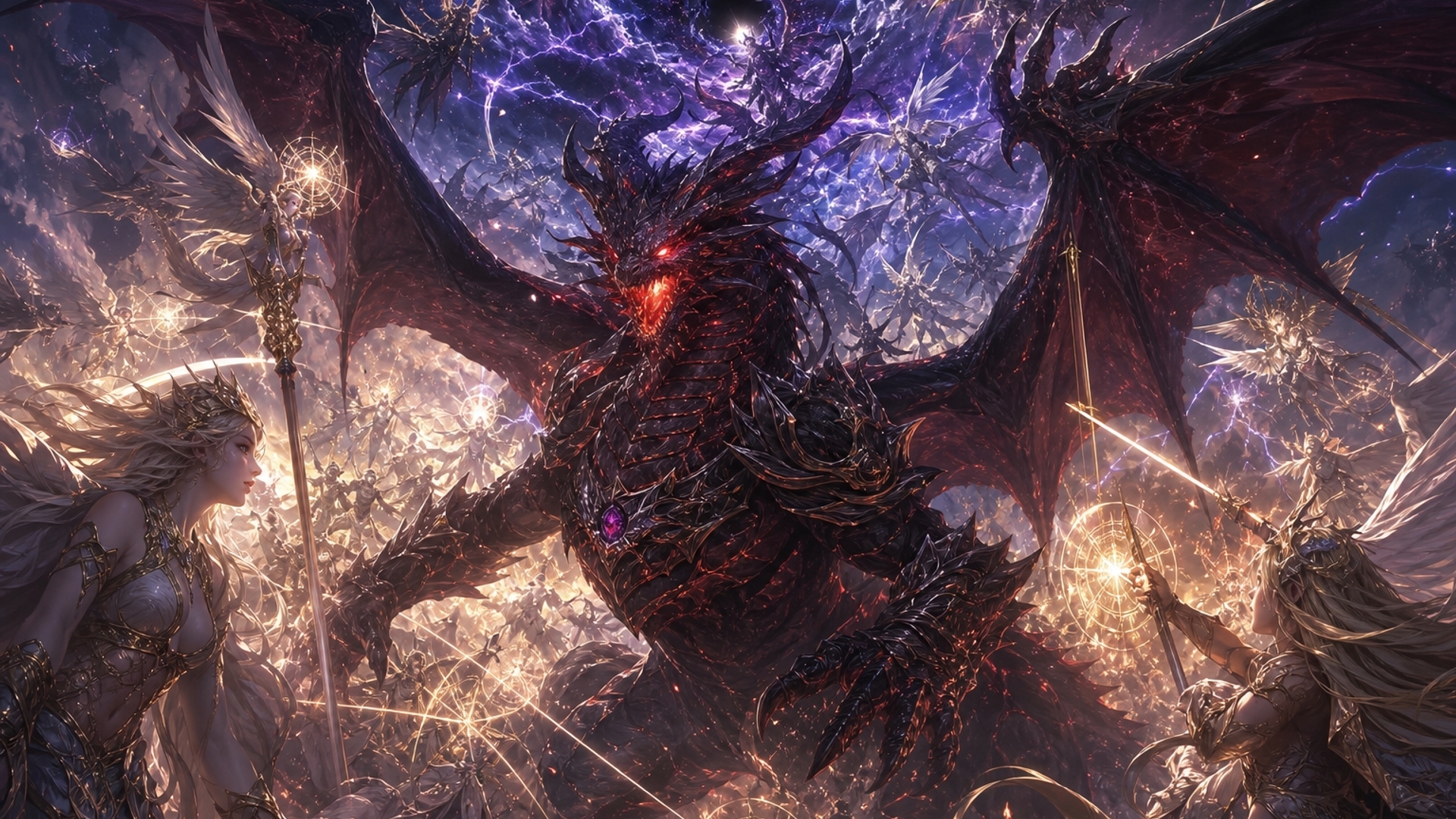 In einer göttlichen epischen Schlacht stehe ich, ein göttlicher Drache des Chaos, der leuchtend rote Augen hat und wie ein Gott der Dämonen aussieht, zwischen Göttinnen und anderen mystischen Kreaturen des Lichts. Kämpfen wir gegen die absolute Dunkelheit im Multiversum.