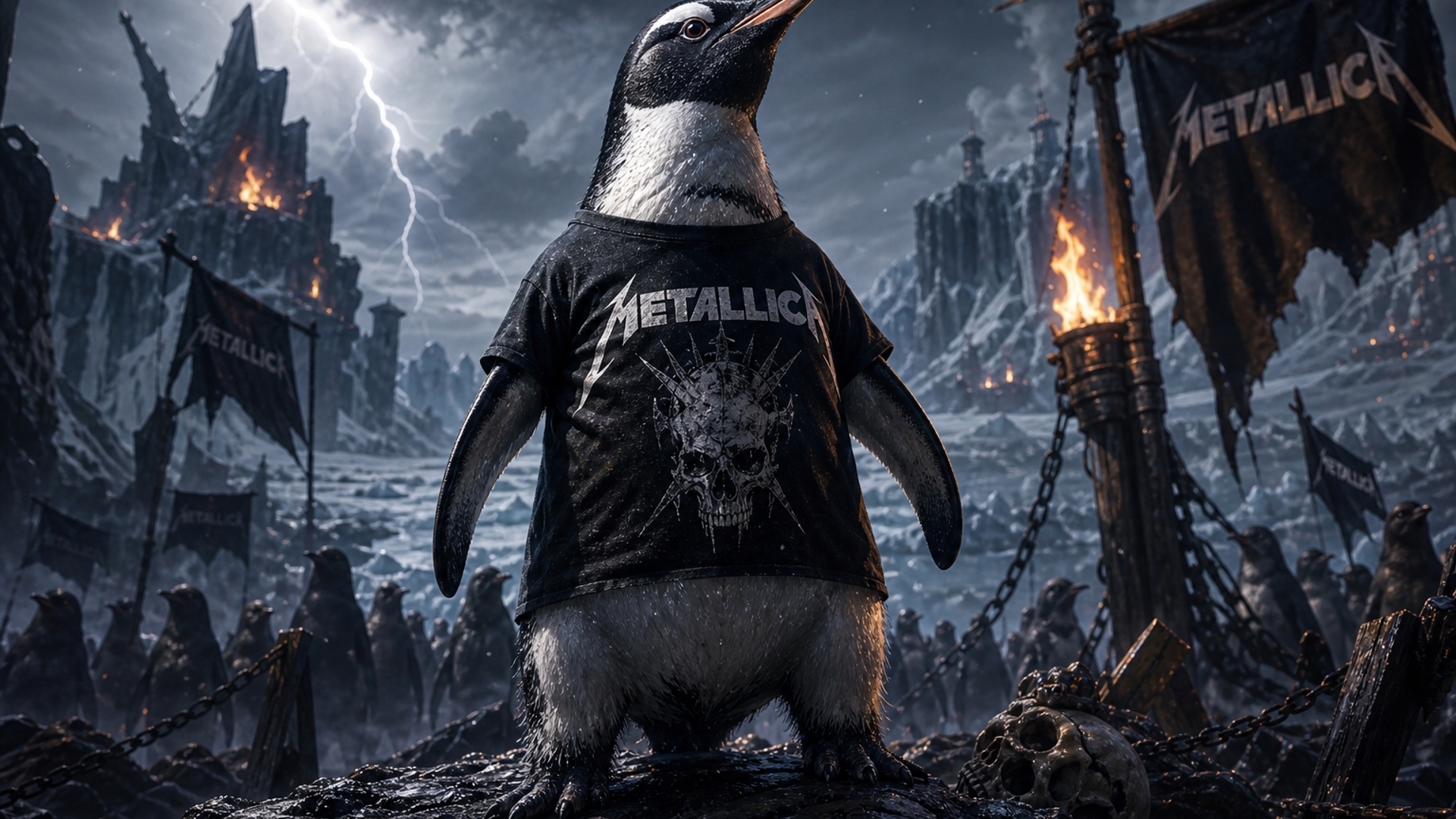 Crea un pingüino con una playera de metallica