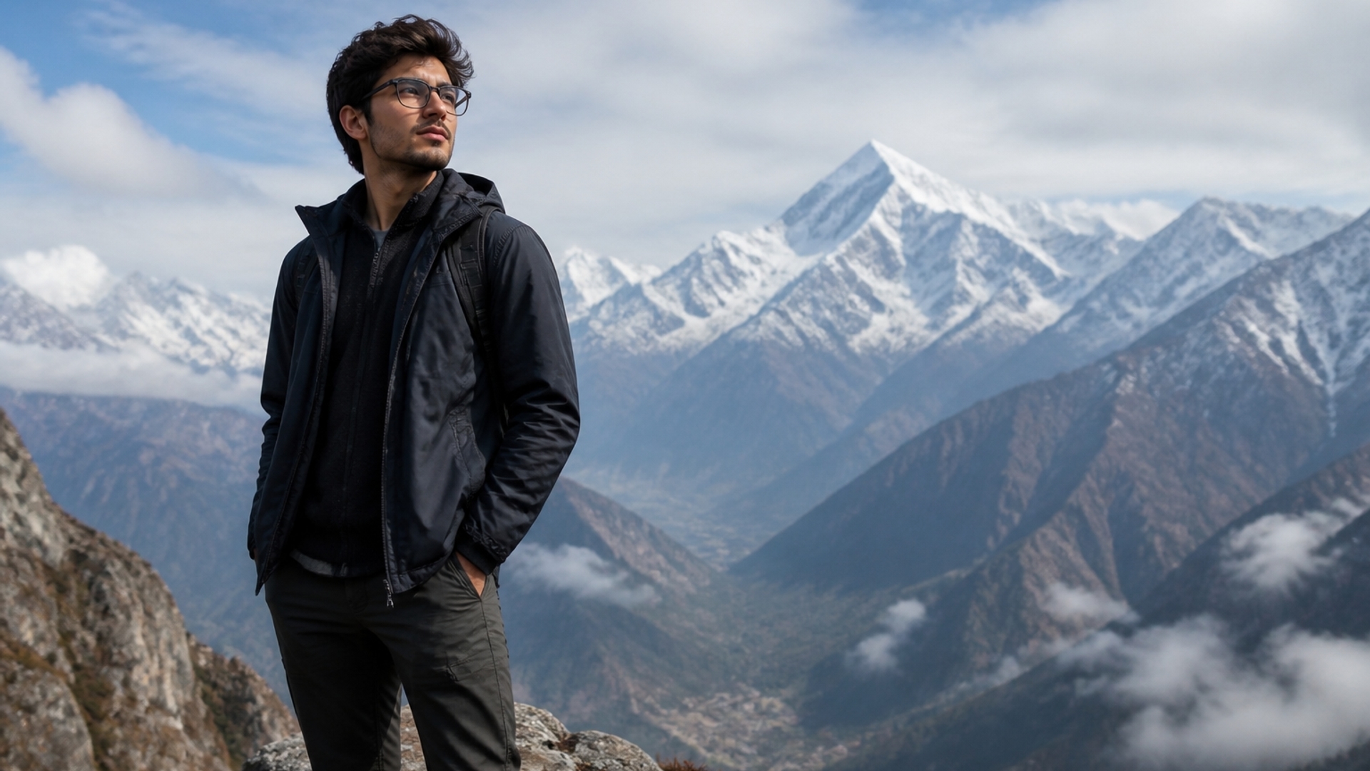 A smart guy stand in the mountain