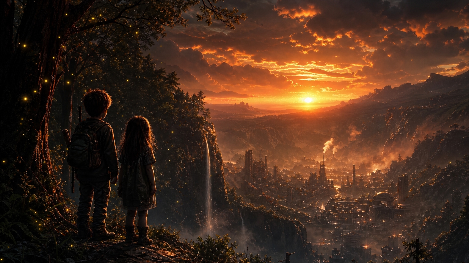  Sunset, fading into dark , fireflies flickering along the tree line where2 young kids boy and girl, standing at the edge of a tree line, mystical forest. The edge of the tree line drops down the side of a mountain to view a Nuclear fallout city at the bottom of a ravine.