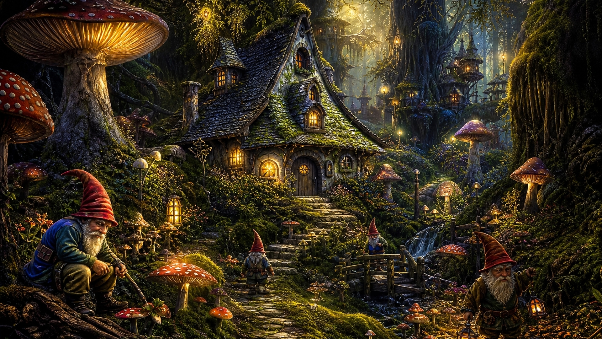 cottage in a fairy forrest,with mushrooms and gnomes