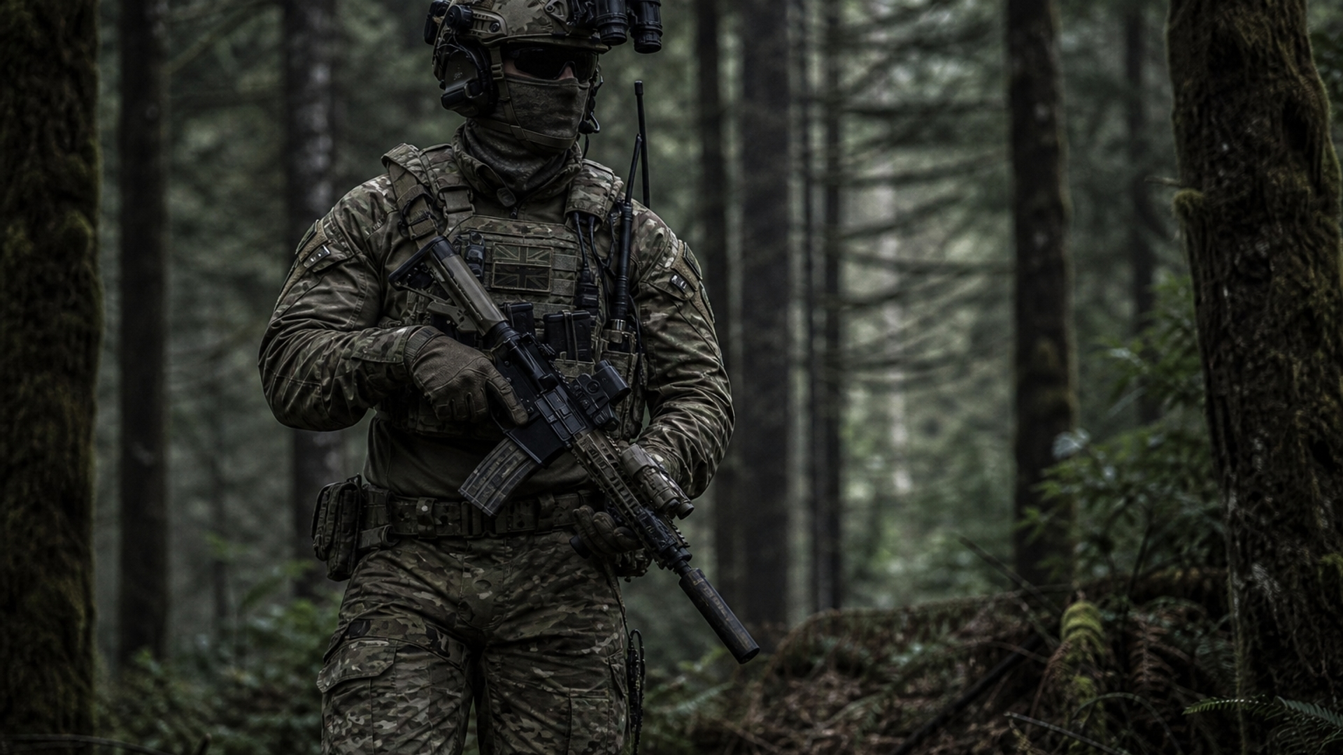 make an image of a combat man  in full combat outfit. he has a  special op's look about him. the back ground is to look like a woods or forest. 