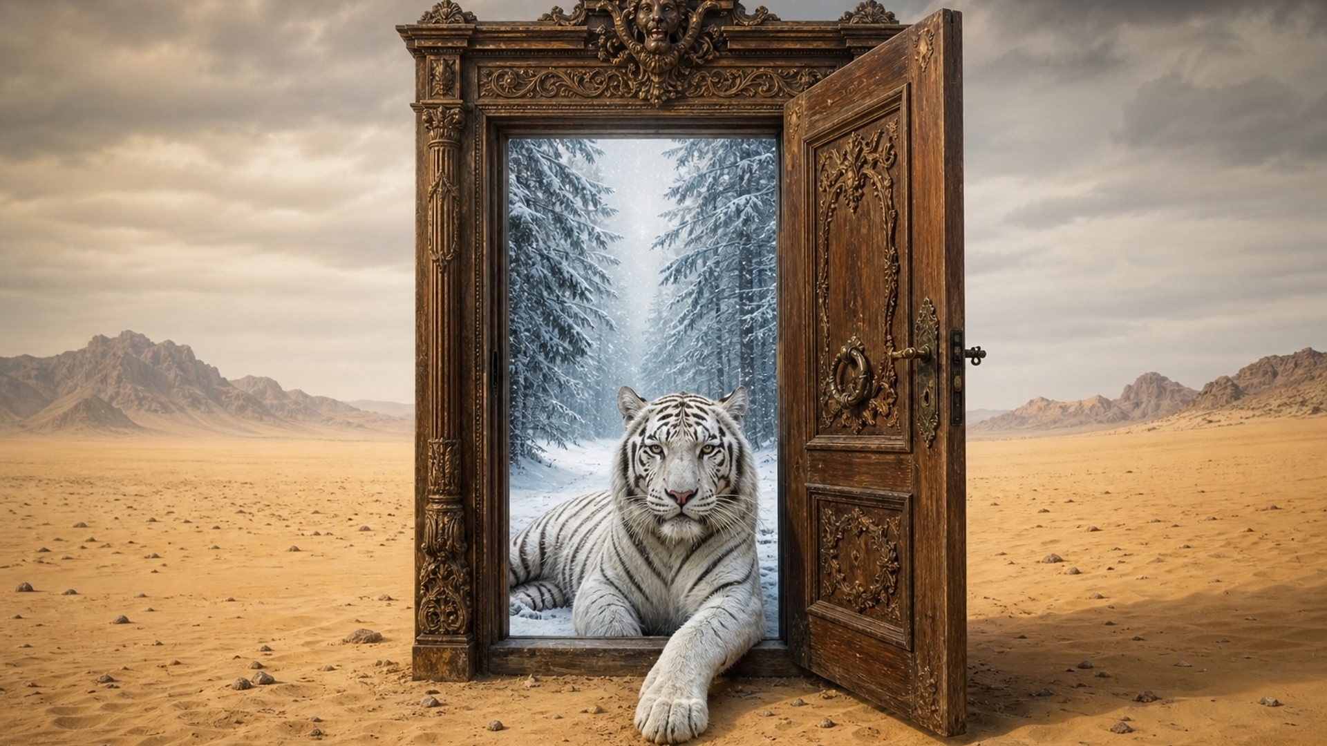 An ornate, antique wooden door stands alone in the middle of a barren desert. Partially open, the scene 
