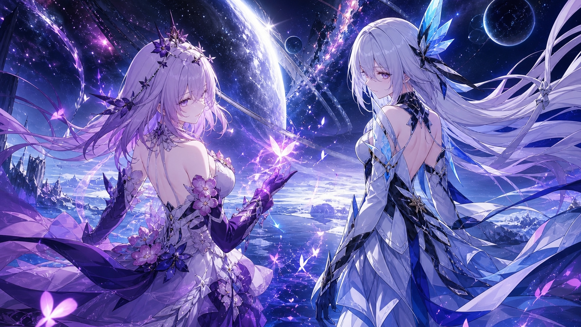 An image in space with skirk and castorice