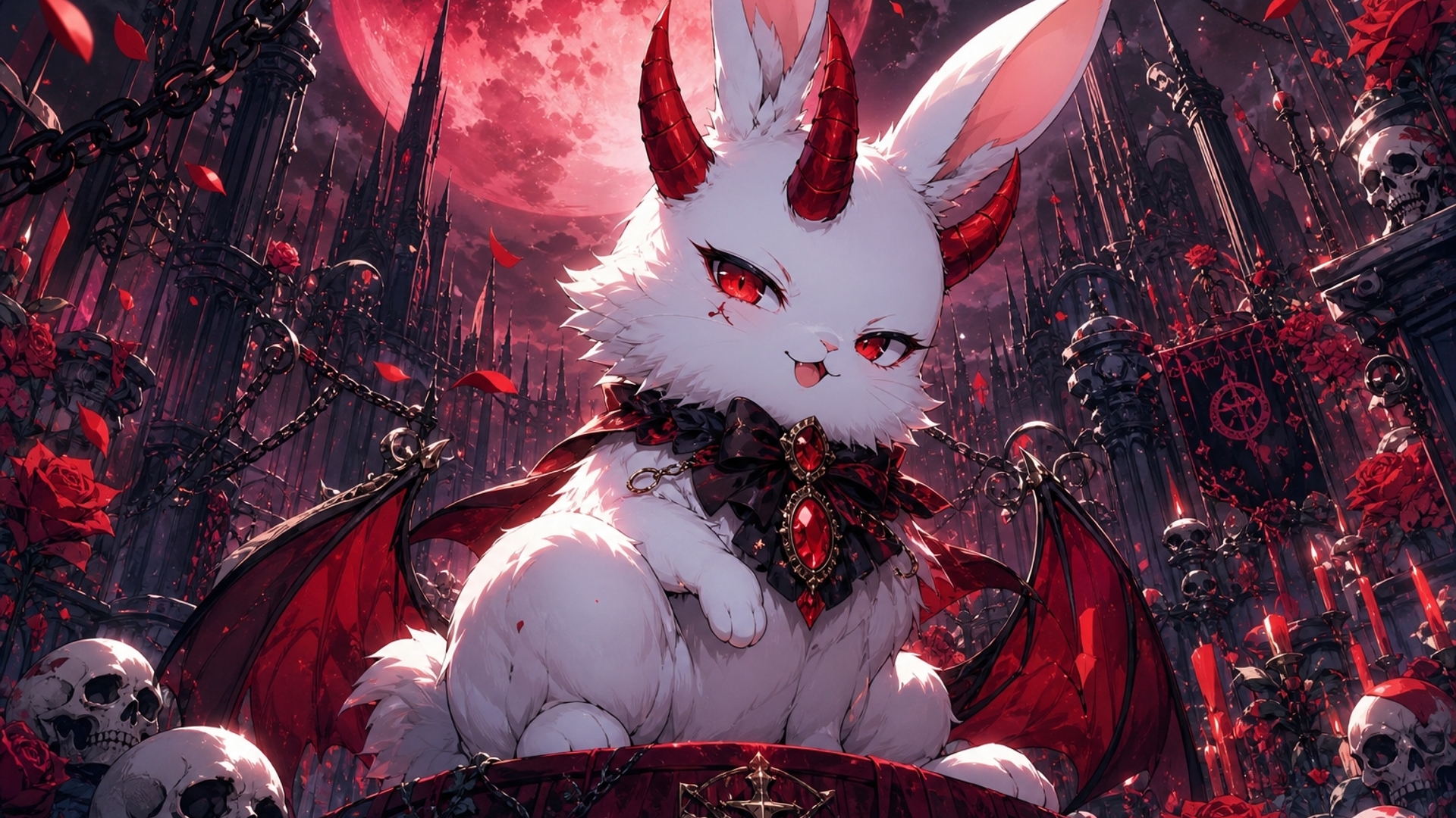 demon bunny with white fur and red horns