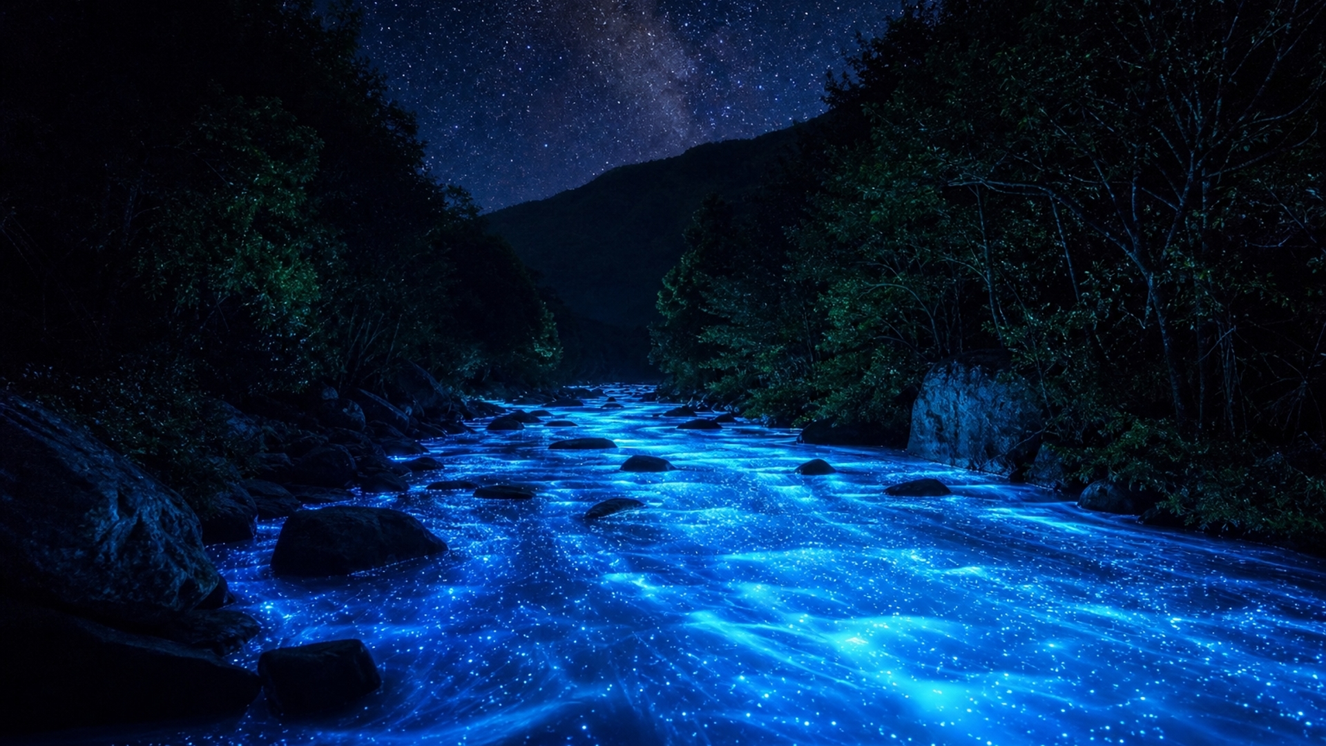 glowing blue river at night hd