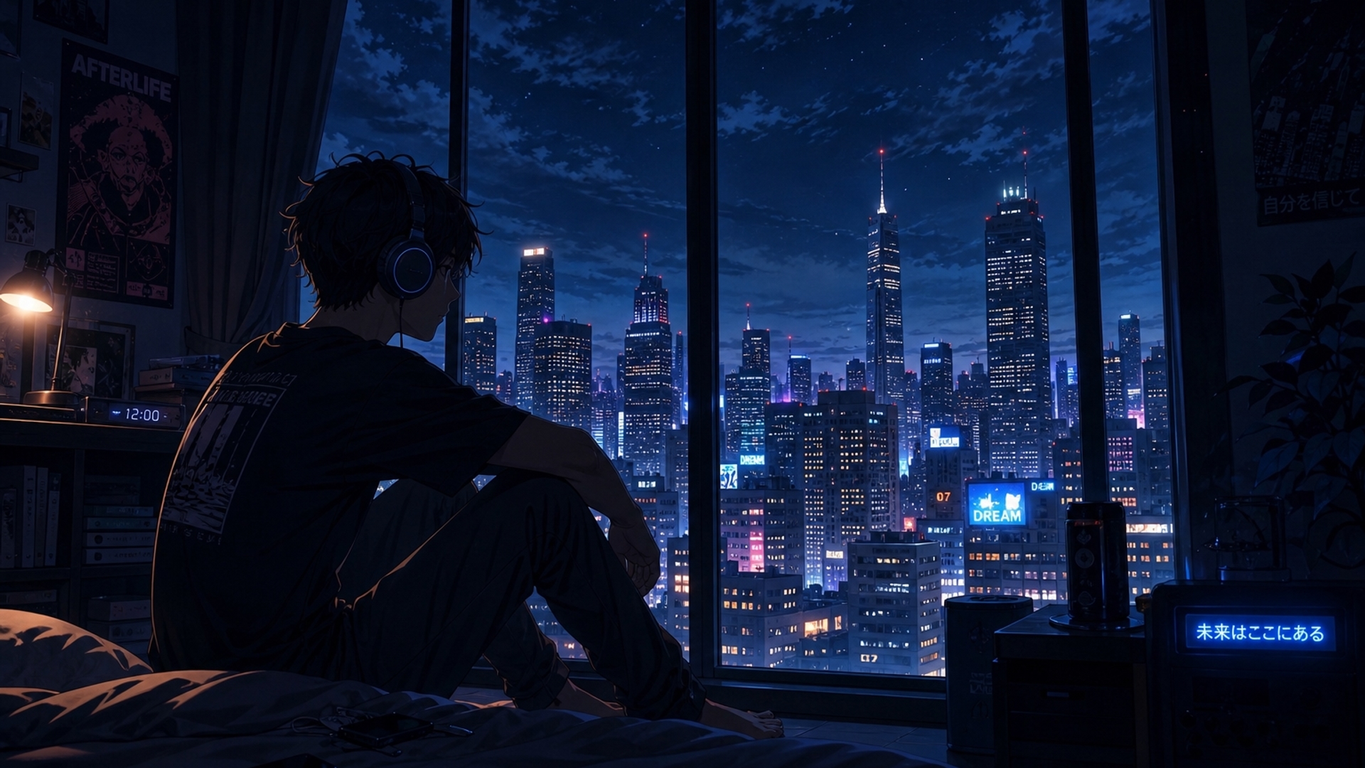LONELY BOY LISTENING TO MUSIC IN A DARK ROOM WATCHING OVER THE VIEW OF TALL BUILDINGS
