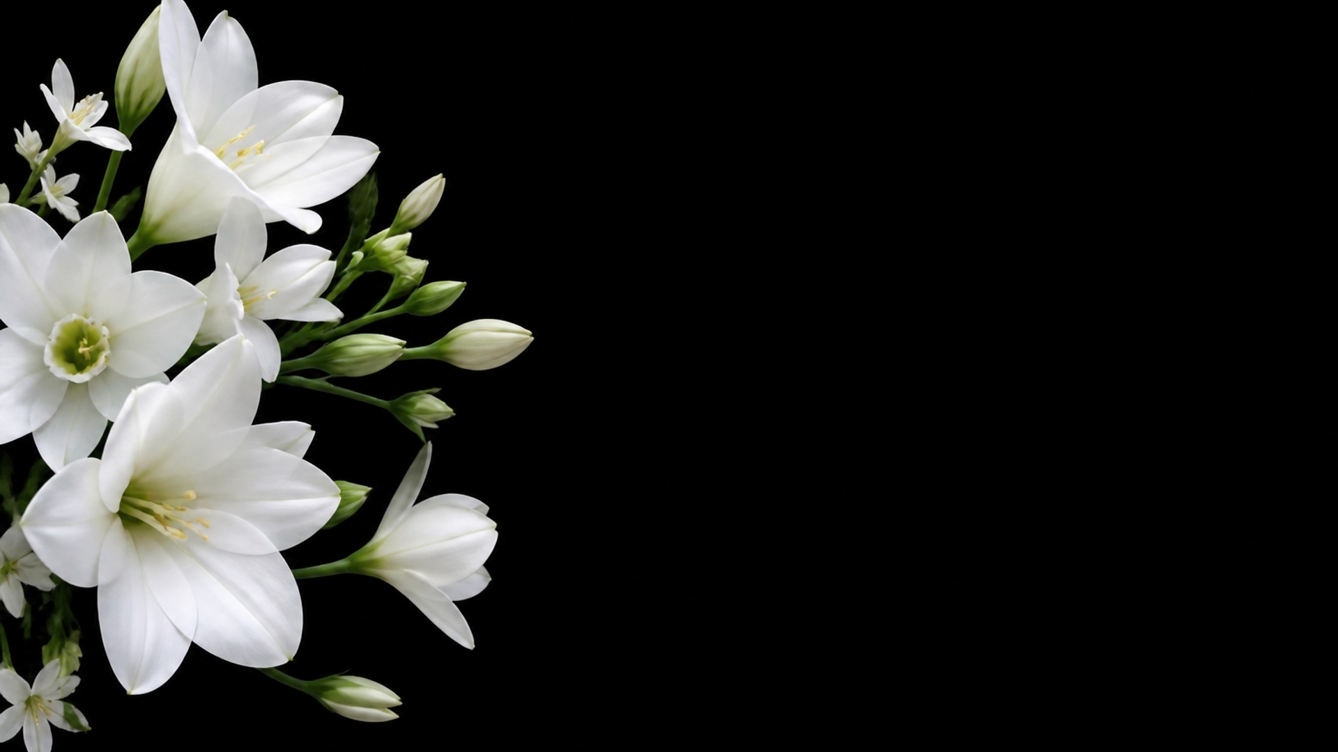 white flowers coming from out from the left with a black background