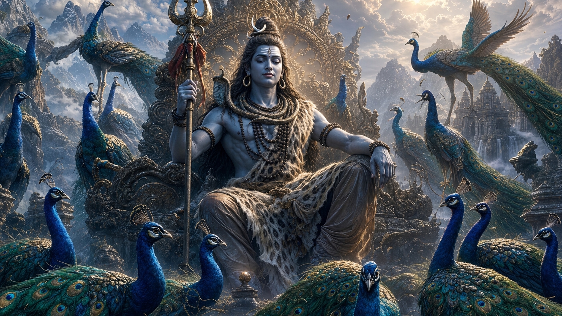 Peacocks surrounding lord shiva