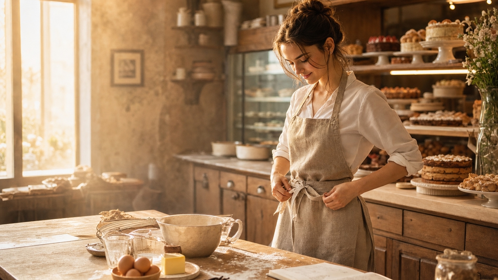 A cozy European-style artisan bakery at sunrise, warm golden light streaming through large windows, a young female baker wearing a beige linen apron over a white shirt, tying her apron while standing beside a wooden worktable covered with flour, butter, fresh eggs, vanilla beans, measuring cups, mixing bowls and recipe notebook. Shelves filled with beautiful cakes and pastries in the background. Soft cream, beige and pastel brown color palette, cinematic photography, ultra realistic, luxury bakery aesthetic, shallow depth of field, cozy atmosphere, desktop wallpaper composition with empty space on the left for icons, 4K.
