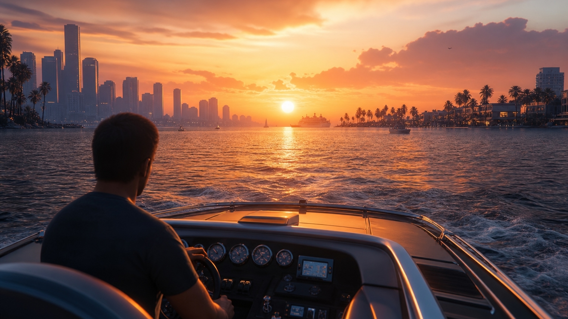 Make a cinimatic scene where im driving in a boat driving from gta 5 to gta 6 vice city with a cinimatic sunset