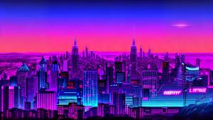 retrowave neon city purple sunset