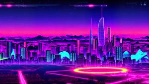 retrowave neon city purple sunset