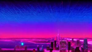 retrowave neon city purple sunset