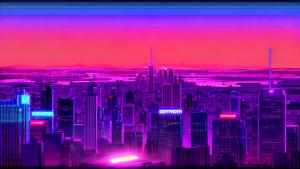 retrowave neon city purple sunset