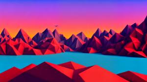 low-poly polygonal geometric abstract red mountains in the sunset with river and trees