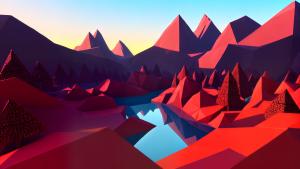 low-poly polygonal geometric abstract red mountains in the sunset with river and trees