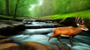 Forest river deer spring realistic