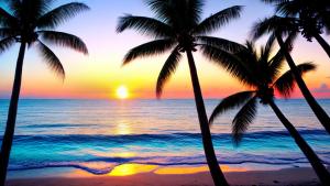 Palm trees, ocean and sunset.