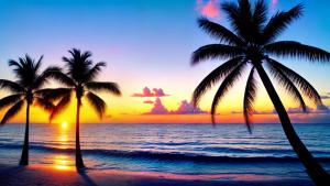 Palm trees, ocean and sunset.