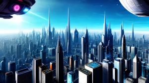 futuristic city daytime blue sky sci-fi