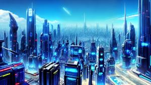 futuristic city daytime blue sky sci-fi